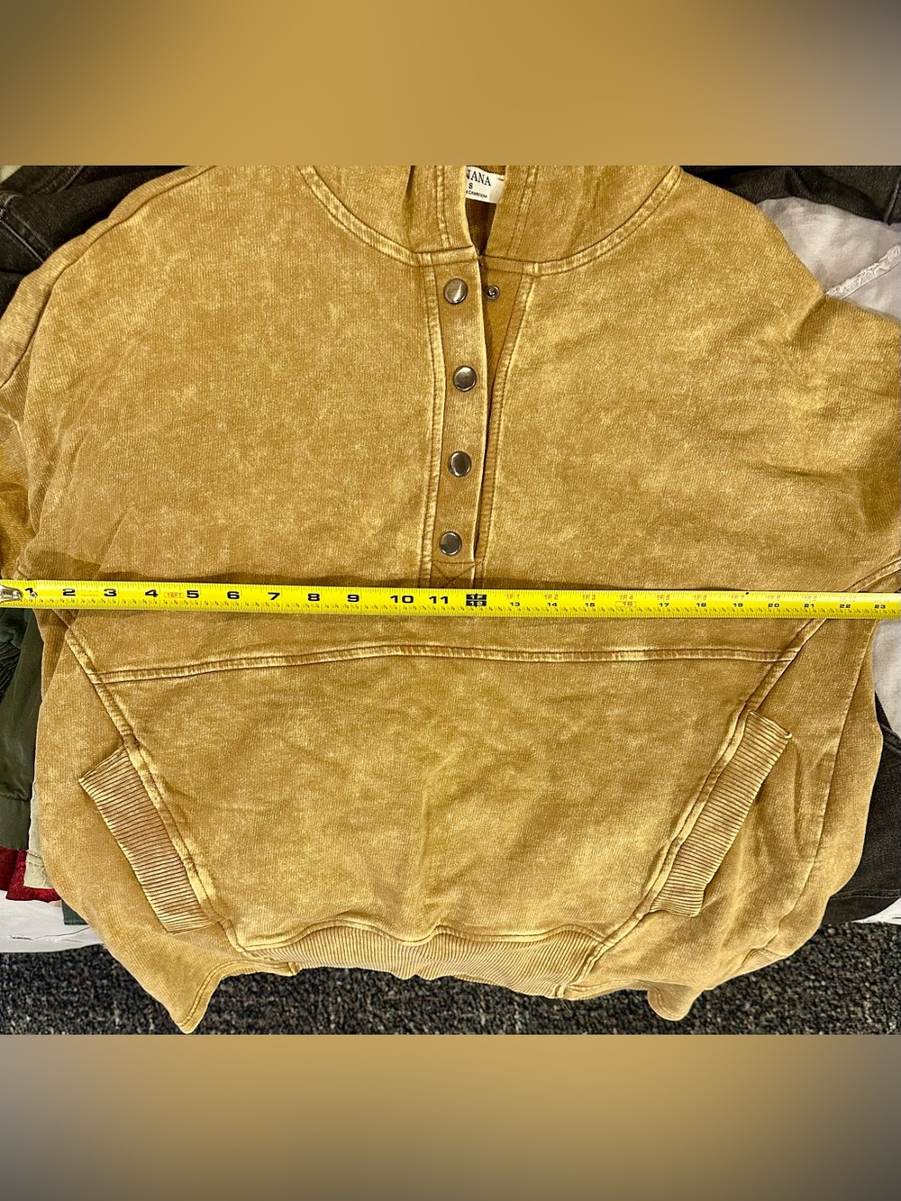 Zenana Outfitters Vintage Washed Mustard Hooded Snap-Placket Pullover - Picture 4 of 6